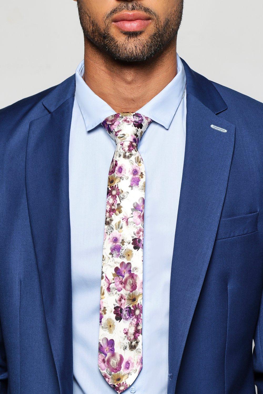 White with Purple & Blue Floral Men's Skinny Tie